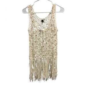 New! Windsor Crochet Pullover Top Cream Medium Acrylic Fringe Cover Up Beachy